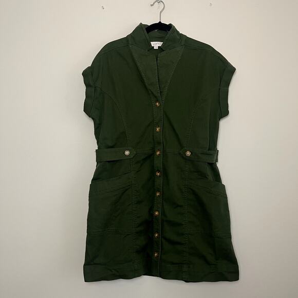 Loft Green Utility Button Shirt Mini Collared Cotton Modal Blend Dress Sz 14 - Picture 2 of 6
